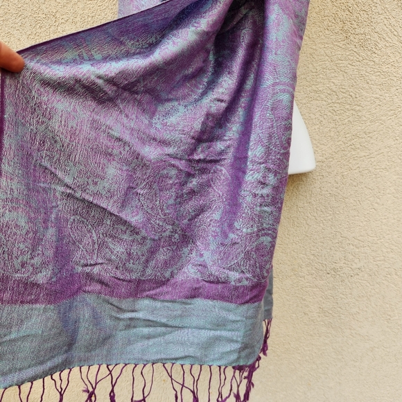 Pashmina Scarf Purple Silk Fringe Shawl Wrap Floral 27 x 70 - Picture 5 of 5